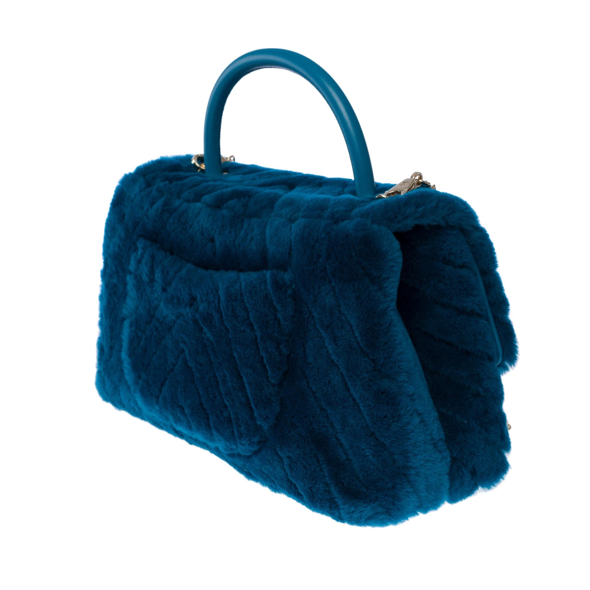 Sac à main Chanel Coco en peau de mouton matelassée à chevrons bleu pétrole 2