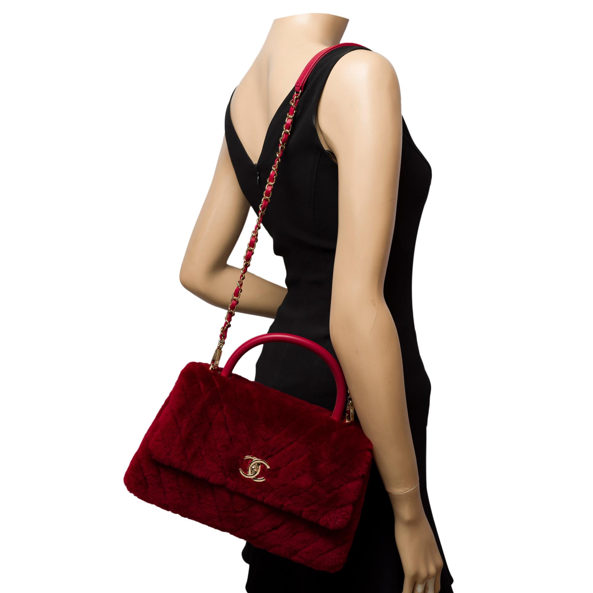Chanel Coco handle handbag strap in Burgundy chevron quilted shearling, GHW 8