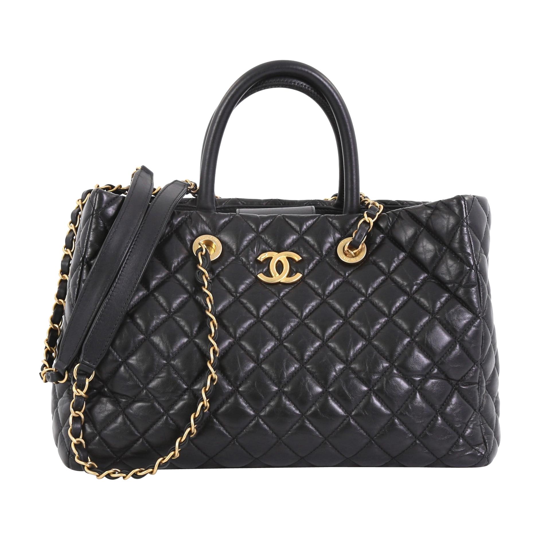 CHANEL Coco Shine Small Navy Quilted Patent Pocket Shopping Tote