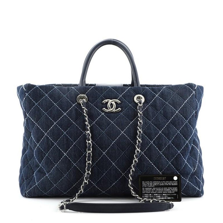 Chanel Large Deauville Shopping Bag Distressed Blue Denim Silver Hardware