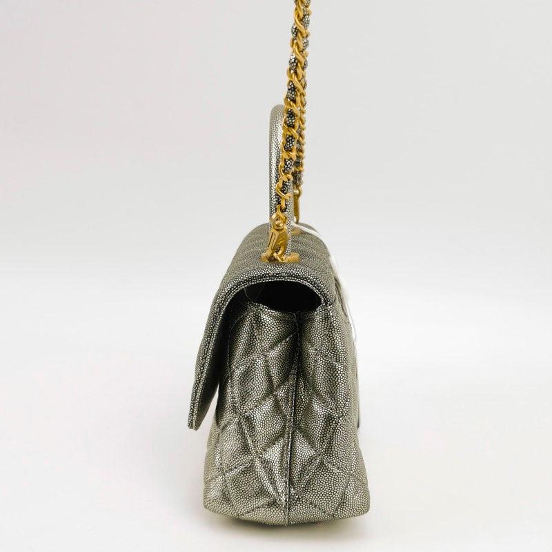 Gray Chanel Coco Handle Small Metallic Caviar Leather Gold Hardware, 2019