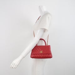 Chanel Coco Handle Small Red Lambskin Leather Chevron Stitching Gold Hardware