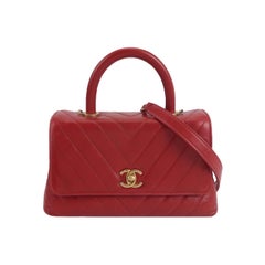 Chanel Coco Handle Small Red Lambskin Leather Chevron Stitching Gold Hardware
