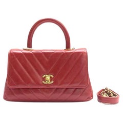 Chanel Coco Handle Small Red Lambskin Leather Chevron Stitching Gold Hardware