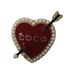 Chanel 'COCO' Heart Lapel Gold Pearl & Enamel Pin