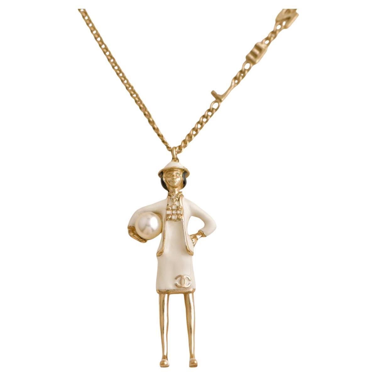 Chanel Coco Mademoiselle Figurine Enamel Gold Tone Necklace For Sale