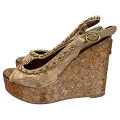 CHANEL COCO Mark Chain Black Leather Wedge Sandals 38.5