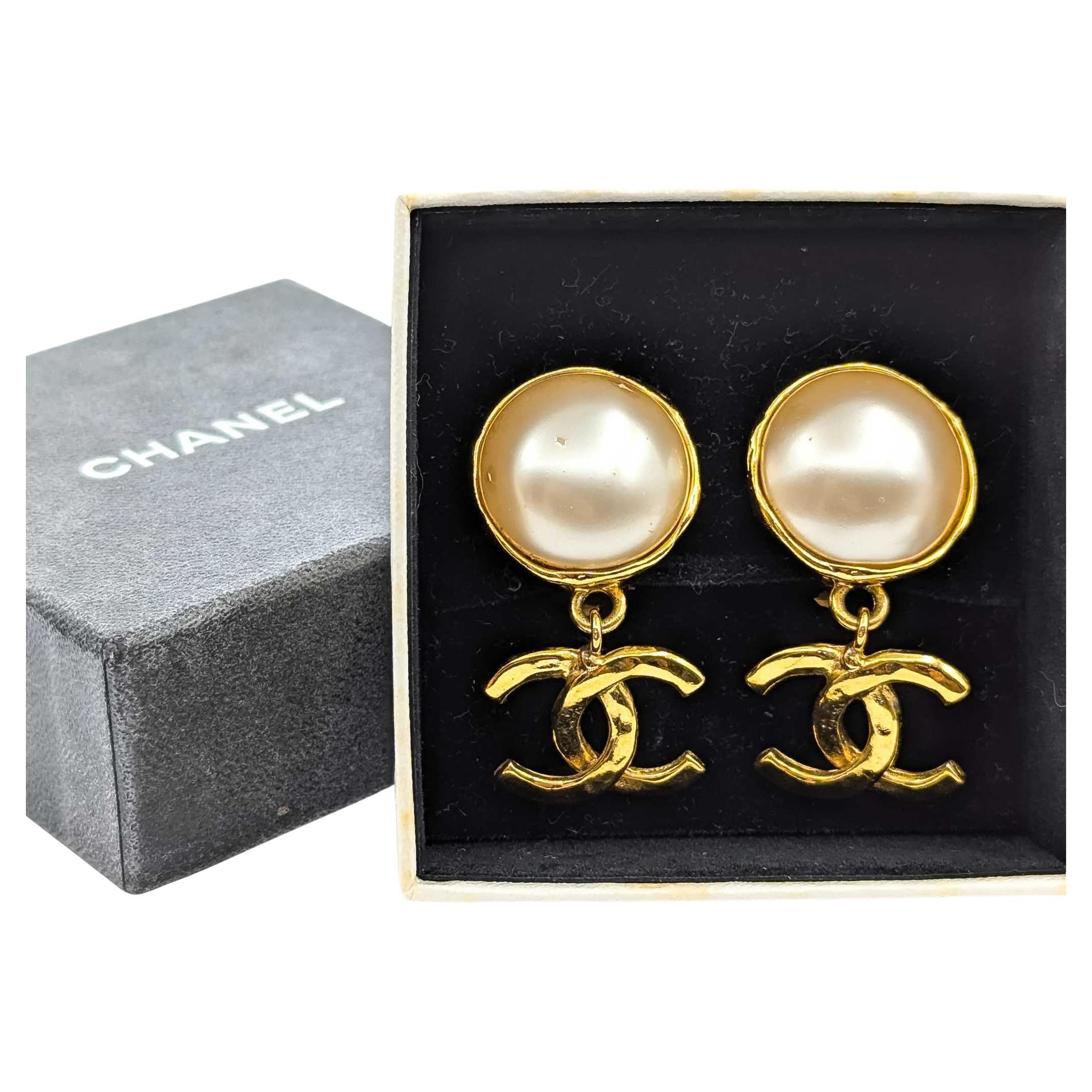 Chanel Coco Mark Dangle Earrings Round Faux Mabe Pearl CC