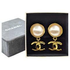 Chanel Coco Mark Dangle Earrings Round Faux Mabe Pearl CC