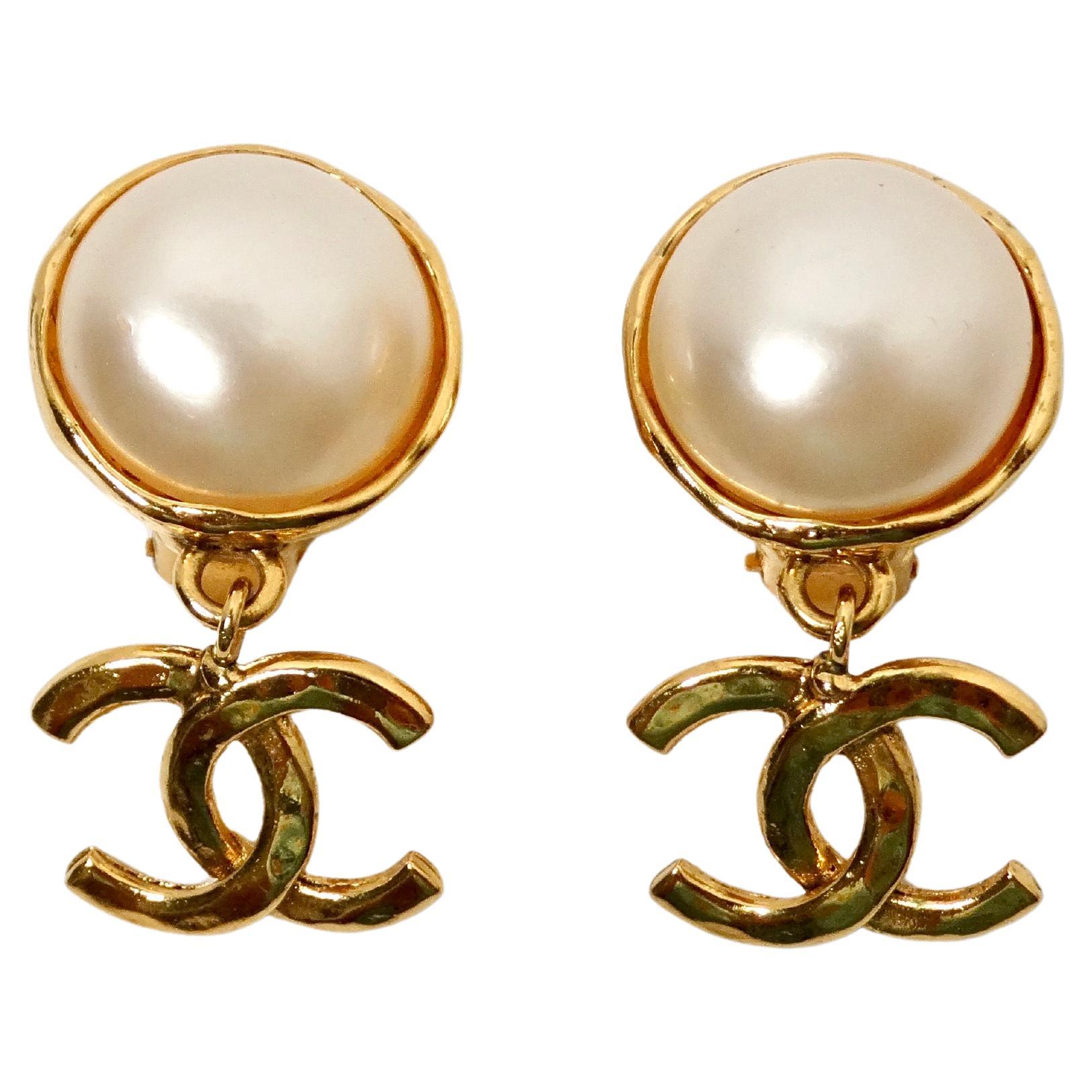 Chanel Coco Mark Gold Plated Costume Pearl CC Dangle Earrings circa 1993 For Sale