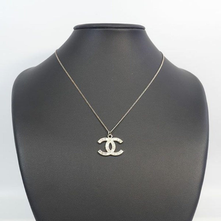 CHANEL coco mark metal line stone necklace silver For Sale at 1stdibs