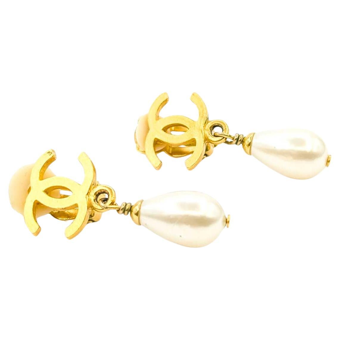 Chanel Coco Mark Round Faux Pearl Dangle Earrings