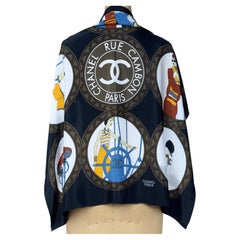 Chanel "Coco Mark Rue Cambon" Silk Scarf with Black Ground, "Coco Sports" Theme