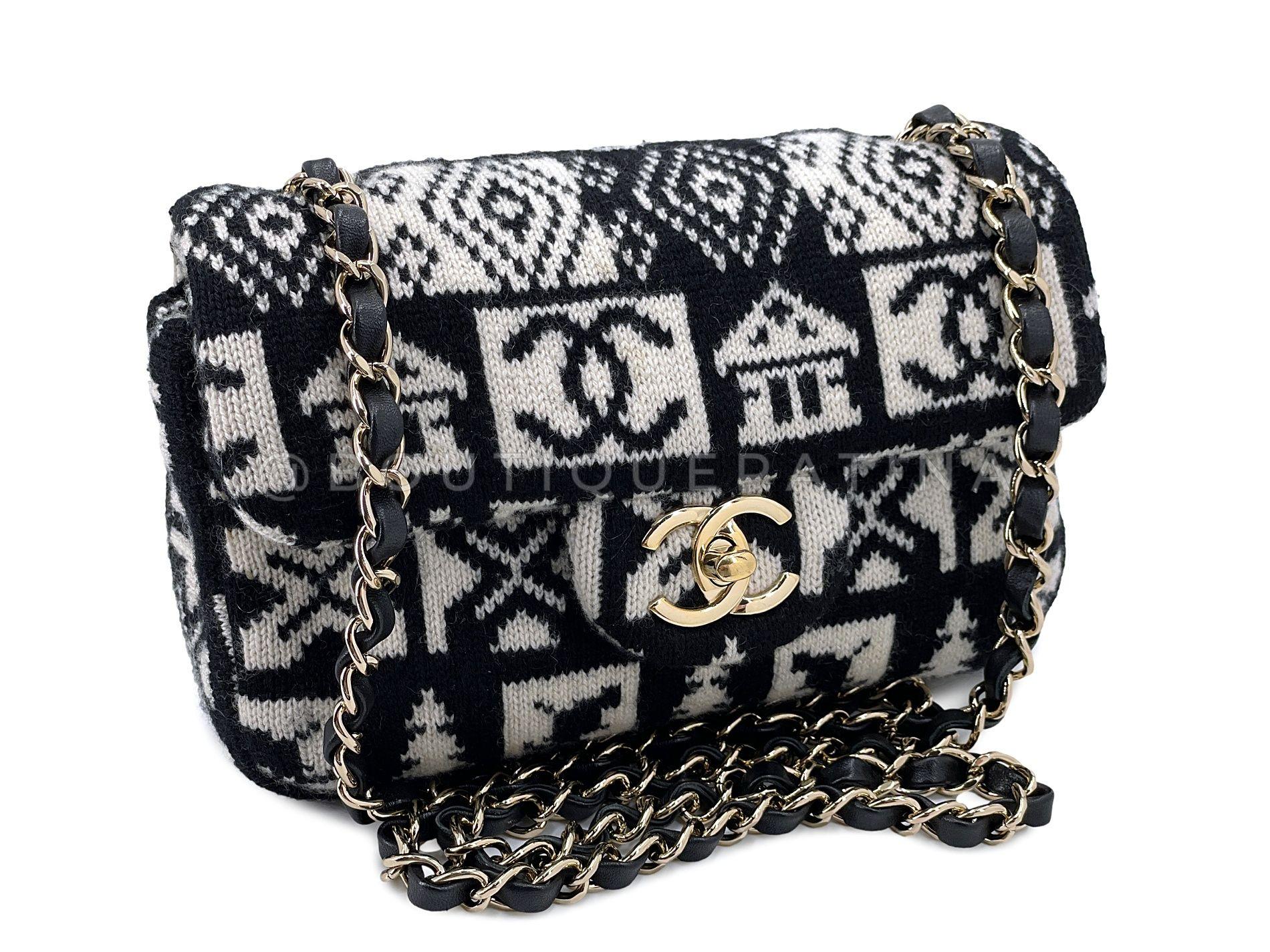 Store item: 68052
Limited edition Coco Neige edition from fall/winter 2019 is this Chanel Coco Neige Rectangular Mini Flap Bag Cashmere Knit. 

A chic cashmere knit print exterior and black interior with side zipper pocket. 

Crossbody black woven