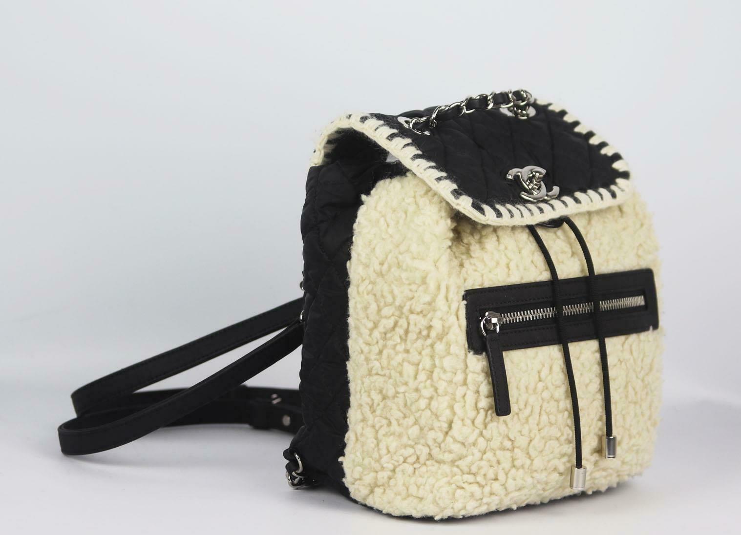Beige Chanel Coco Neige Shearling Trimmed Wool & Nylon Backpack