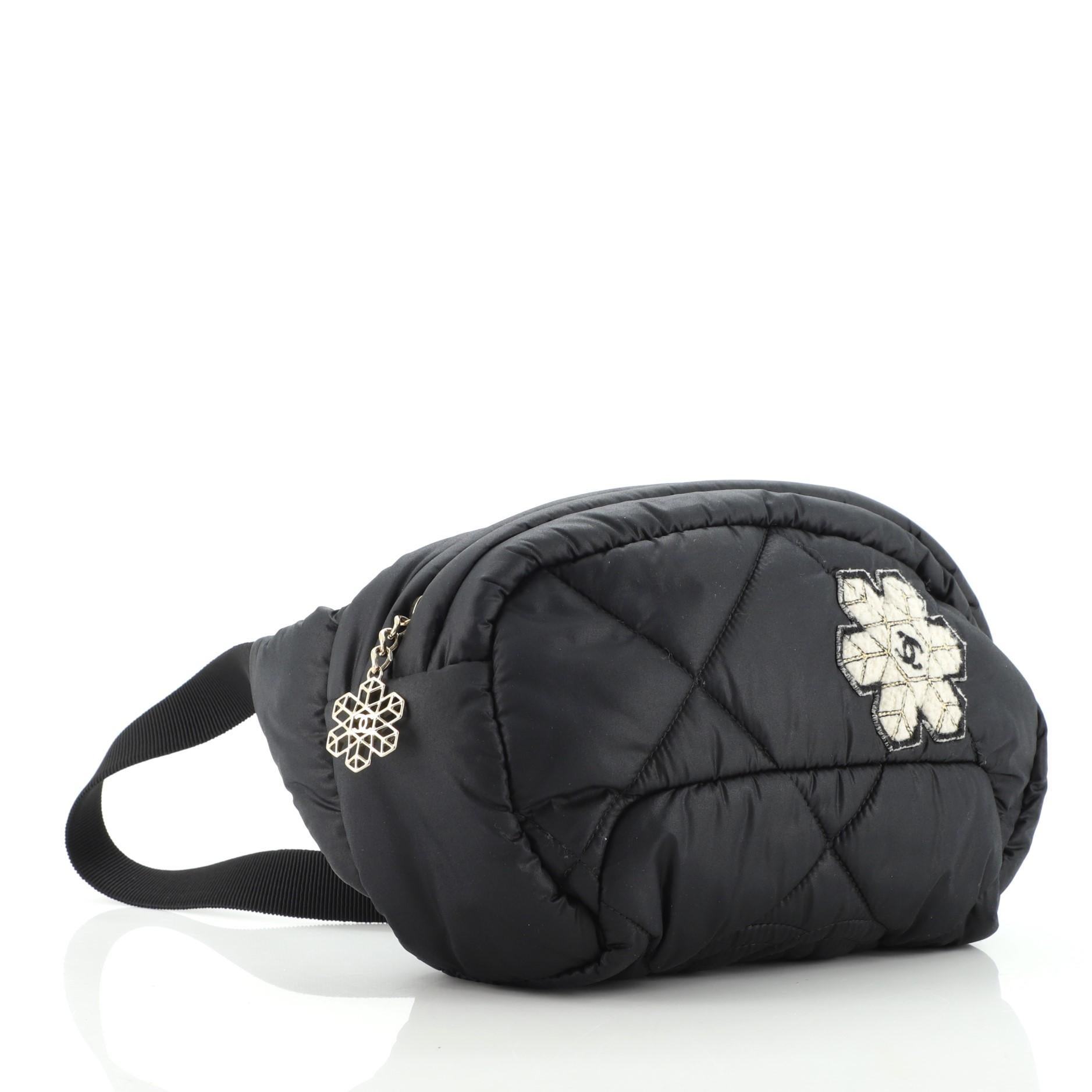 Black Chanel Coco Neige Waist Bag Quilted Nylon with Applique