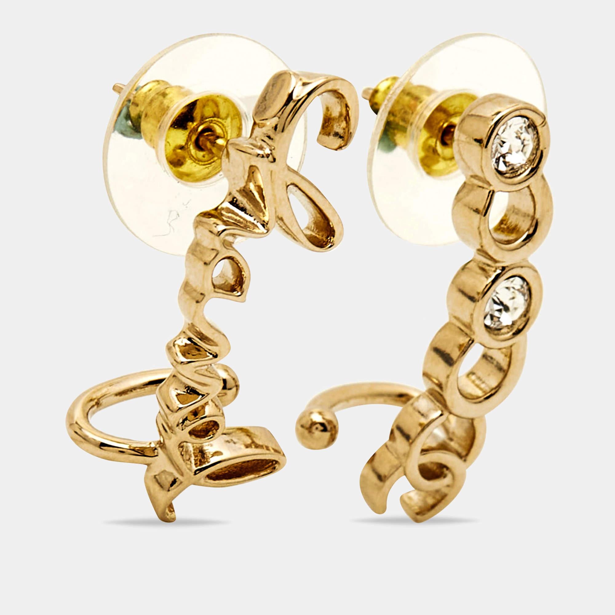 Contemporary Chanel Coco Script Crystal Gold Tone Climber Earrings