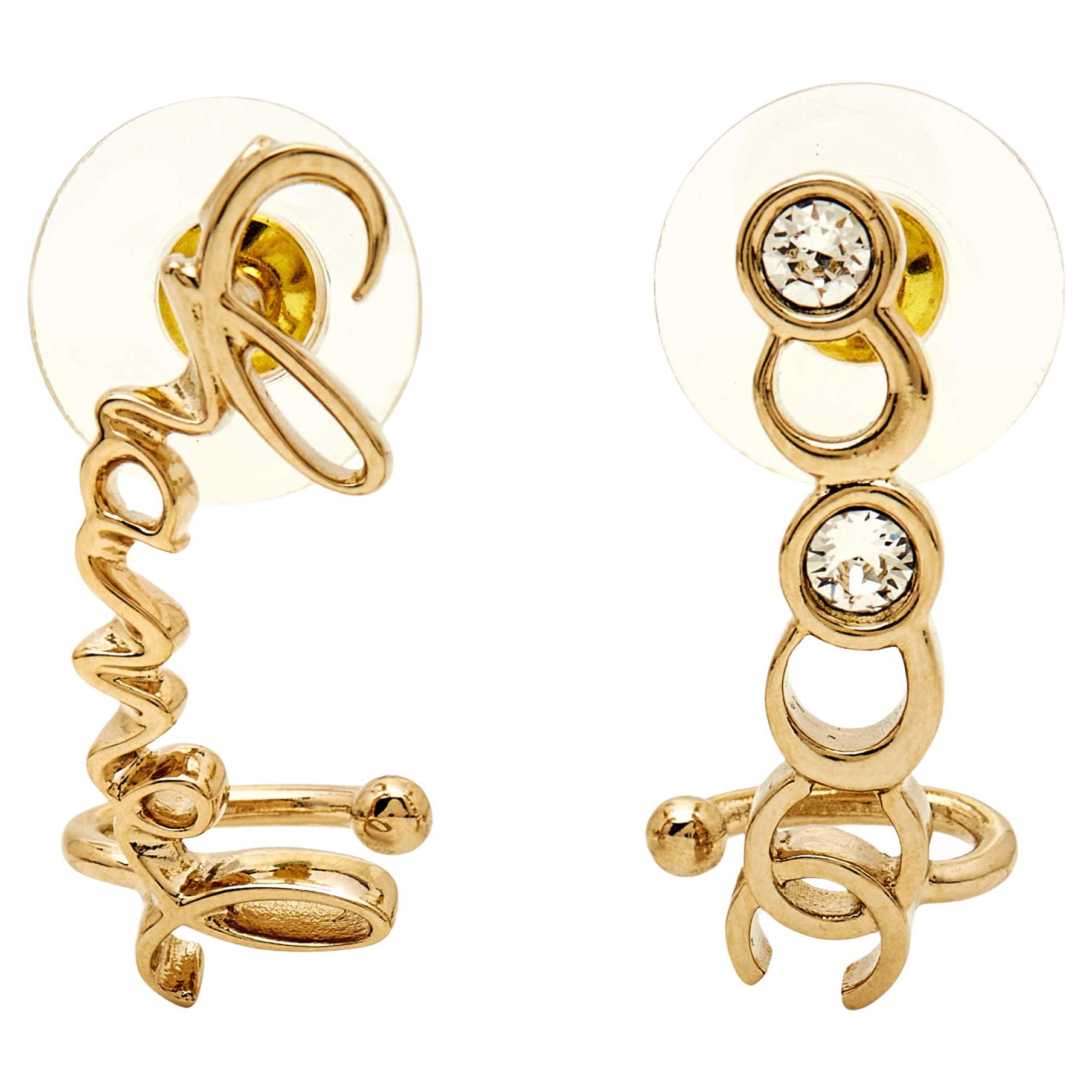 Chanel Coco Script Crystal Gold Tone Climber Earrings For Sale