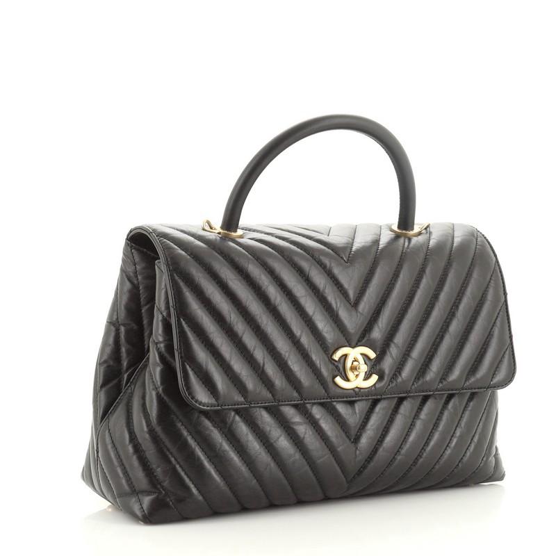 Black Chanel Coco Top Handle Bag Chevron Calfskin Large