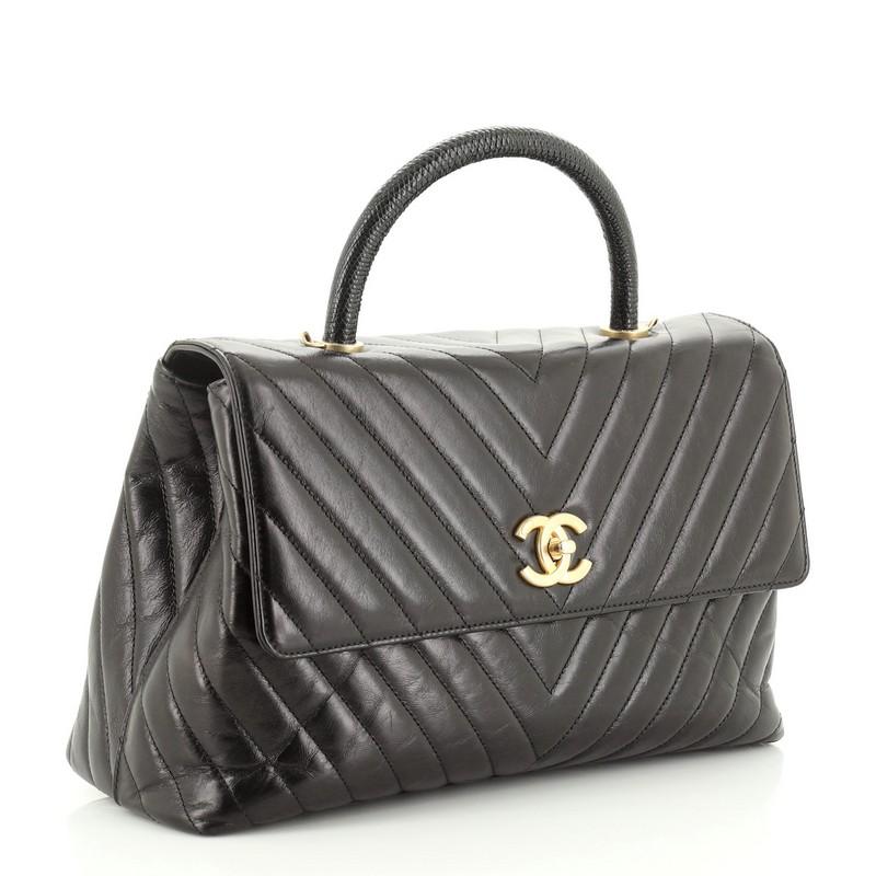 Black Chanel Coco Top Handle Bag Chevron Calfskin with Lizard Medium