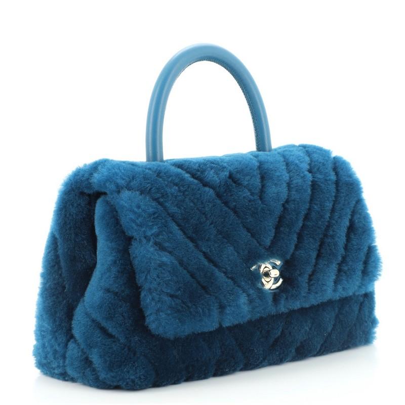 Blue Chanel Coco Top Handle Bag Chevron Shearling Mini