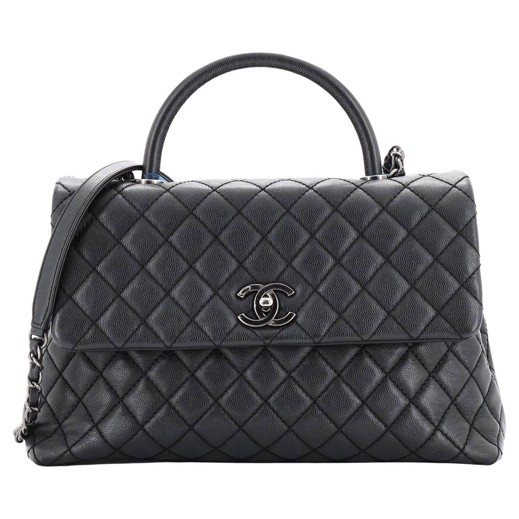 Chanel Gunmetal Quilted Aged Calfskin Medium Coco Top Handle Bag For Sale  at 1stDibs
