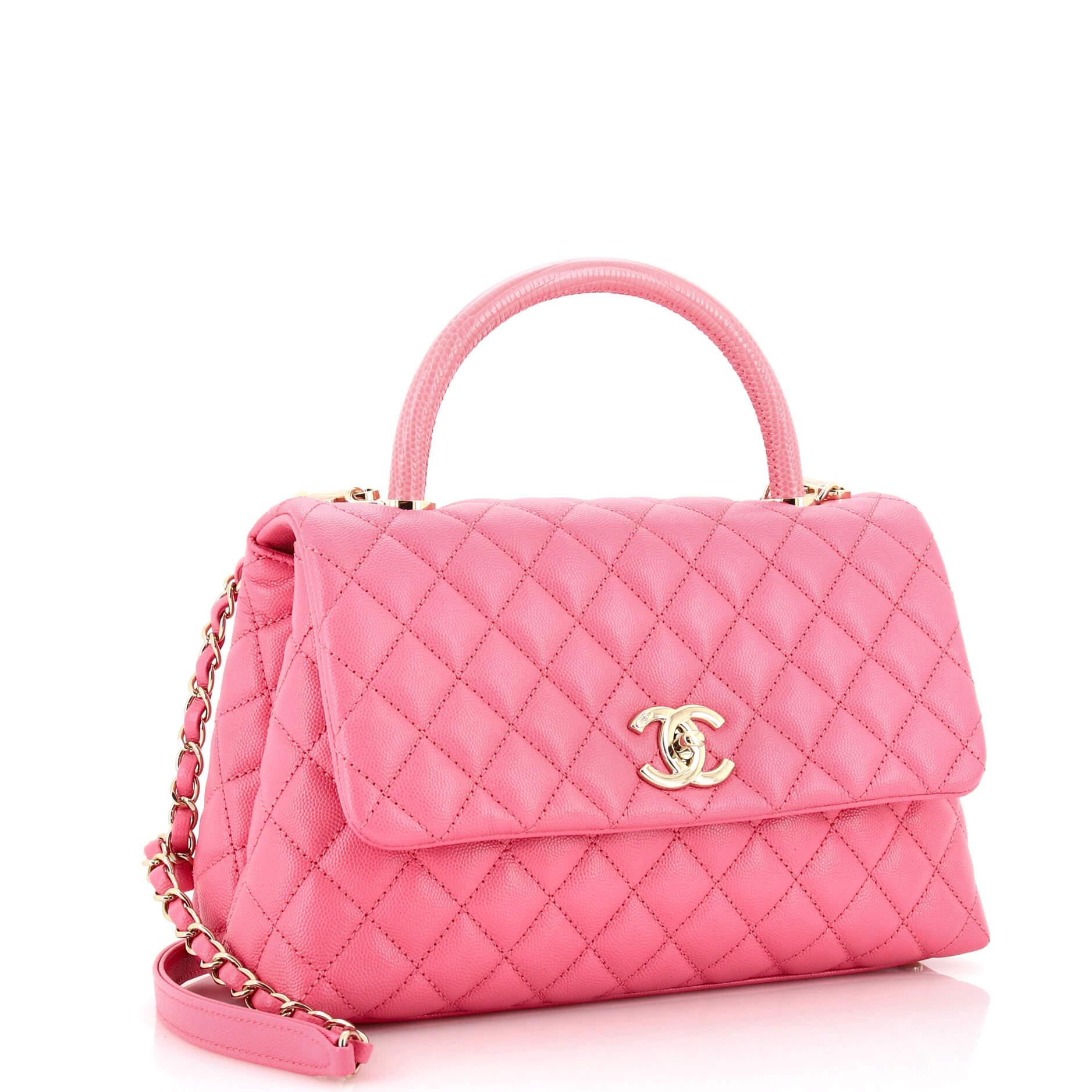 Chanel Coco Top Handle Bag Quilted Caviar with Lizard Embossed Handle Small In Good Condition In NY, NY