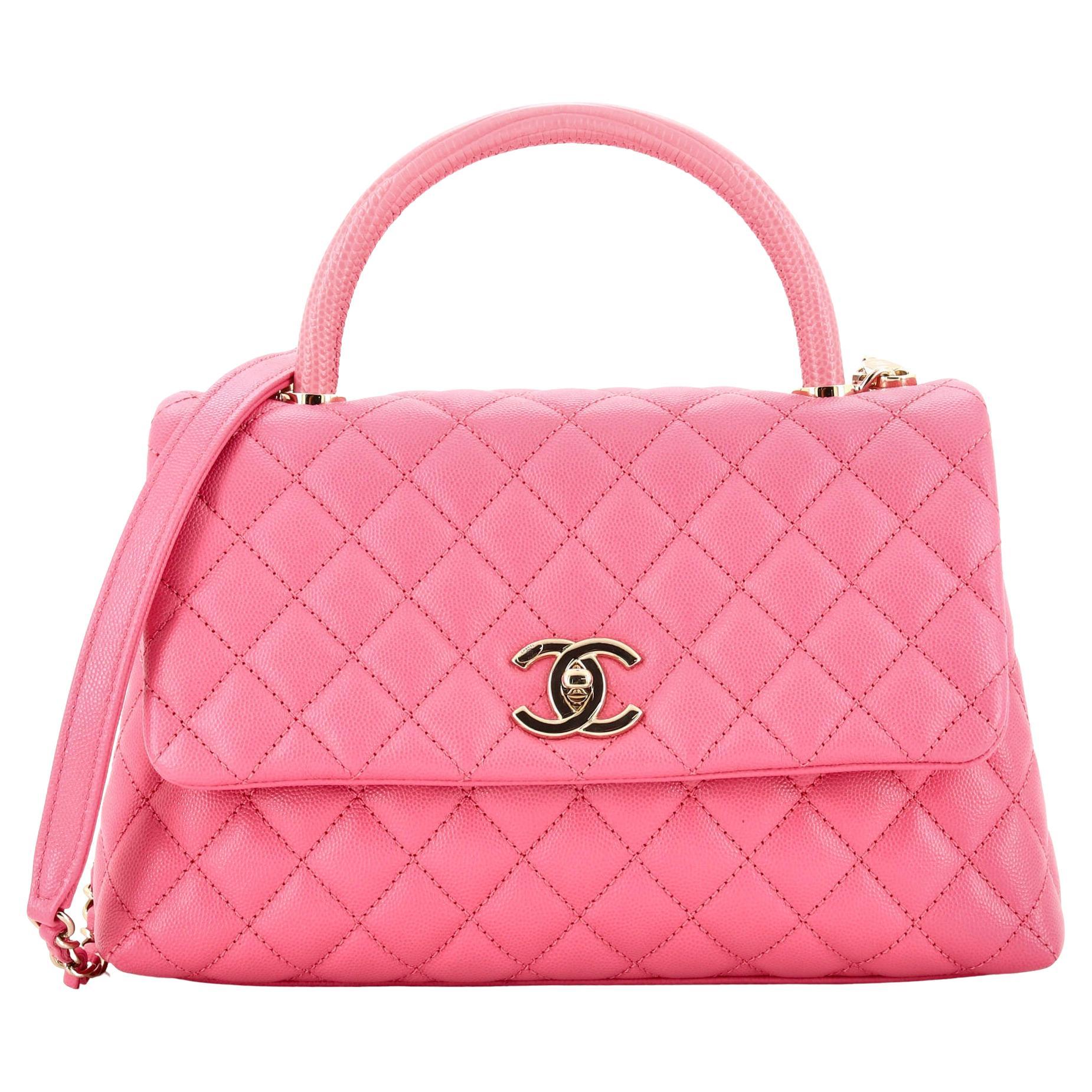 Chanel Coco Top Handle Bag Quilted Caviar with Lizard Embossed Handle Small