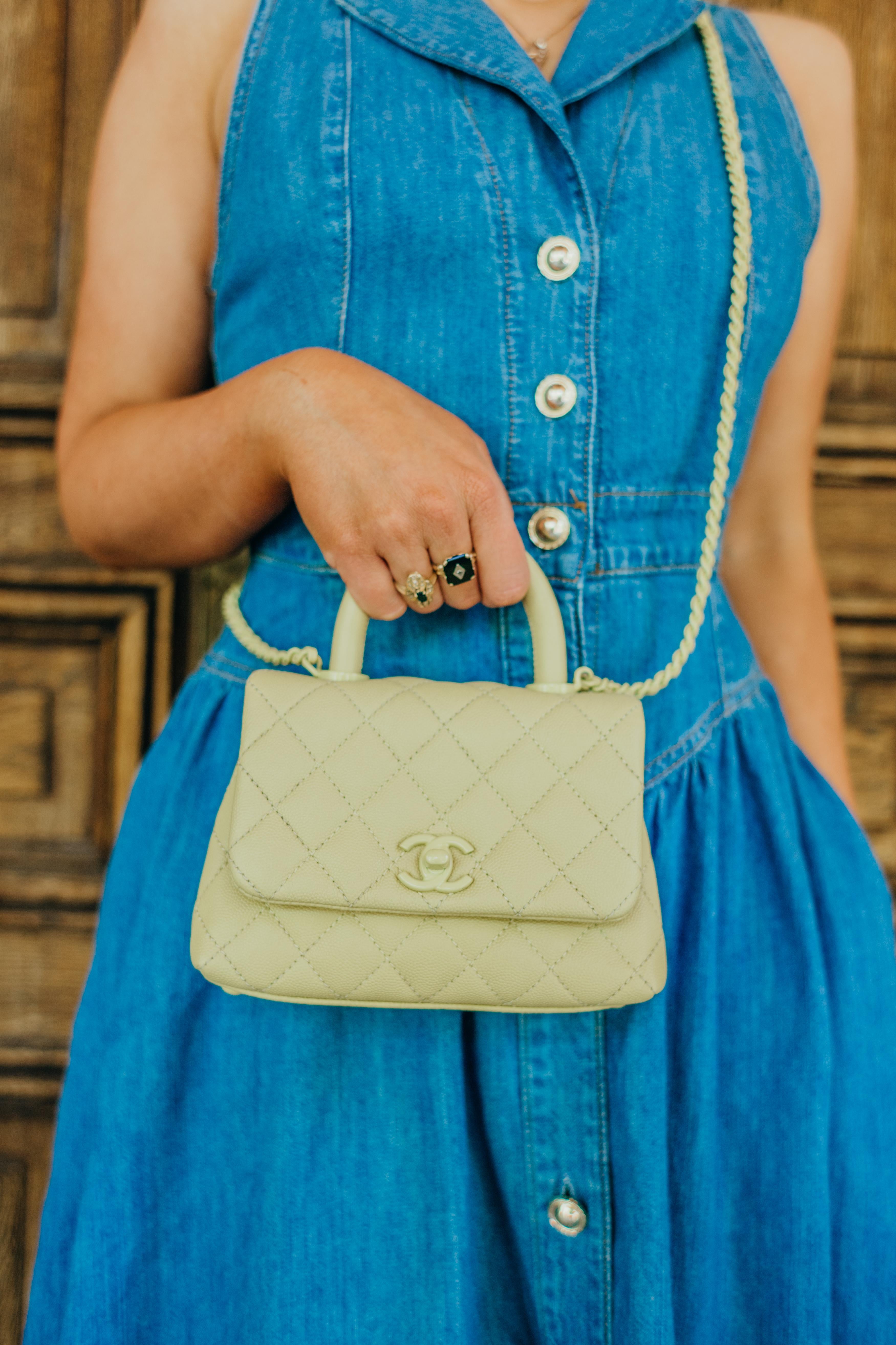 Chanel Coco Top Handle Classic Flap Bag Quilted Caviar Mini Yellow For Sale 5