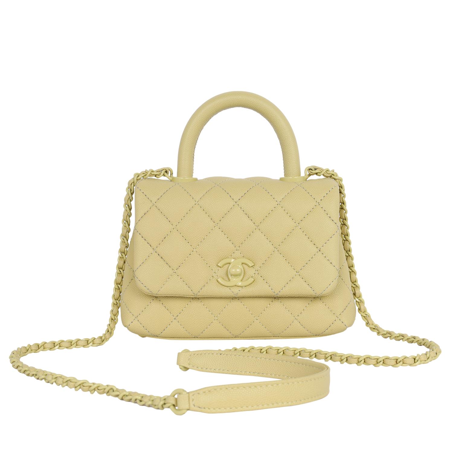 Chanel Coco Top Handle Classic Flap Bag Quilted Caviar Mini Yellow In Excellent Condition For Sale In Salt Lake Cty, UT