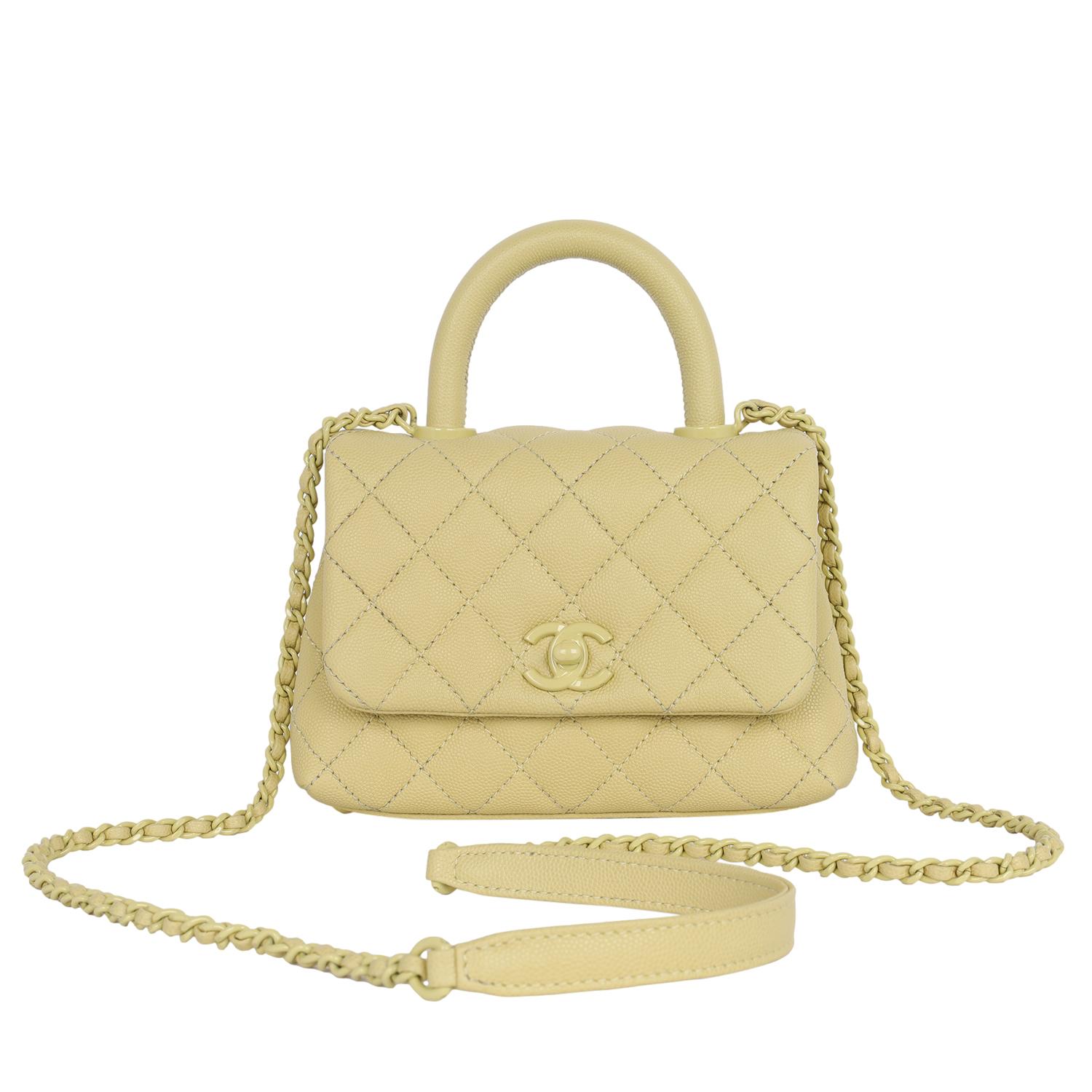 Beige Chanel Coco Top Handle Classic Flap Bag Quilted Caviar Mini Yellow For Sale