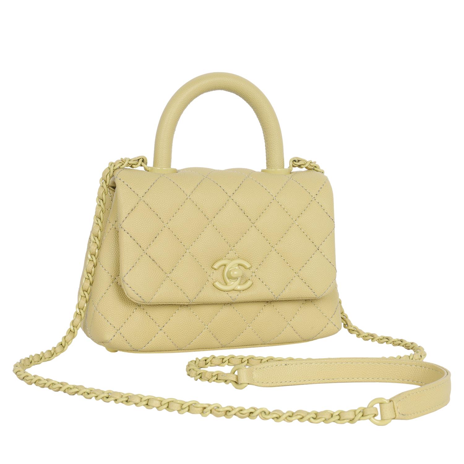Chanel Coco Top Handle Classic Flap Bag Quilted Caviar Mini Gelb Damen im Angebot