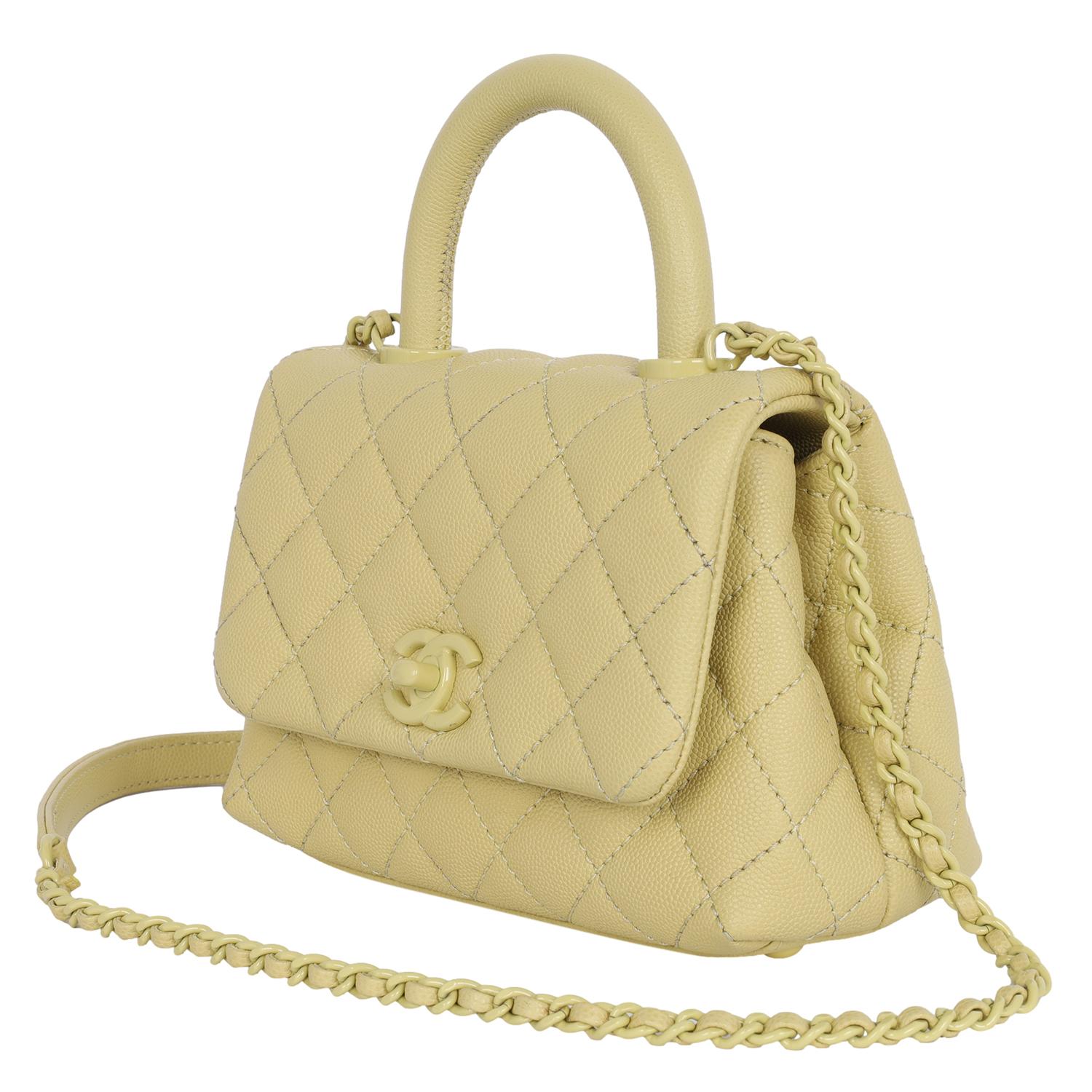 Chanel Coco Top Handle Classic Flap Bag Quilted Caviar Mini Yellow For Sale 2