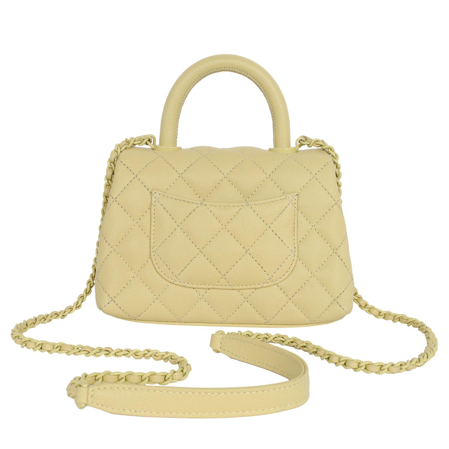 Chanel Coco Top Handle Classic Flap Bag Quilted Caviar Mini Gelb im Angebot 3