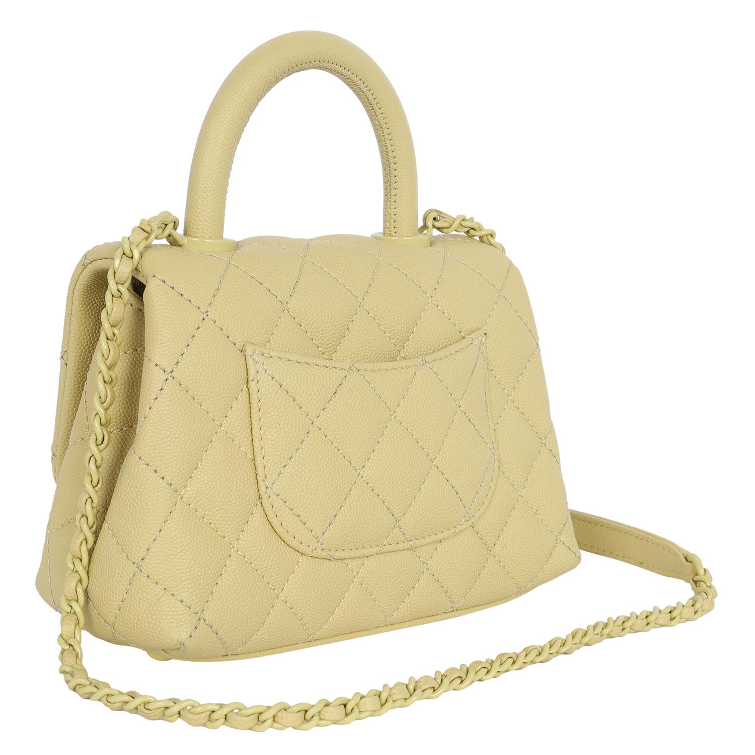 Chanel Coco Top Handle Classic Flap Bag Quilted Caviar Mini Yellow For Sale 4