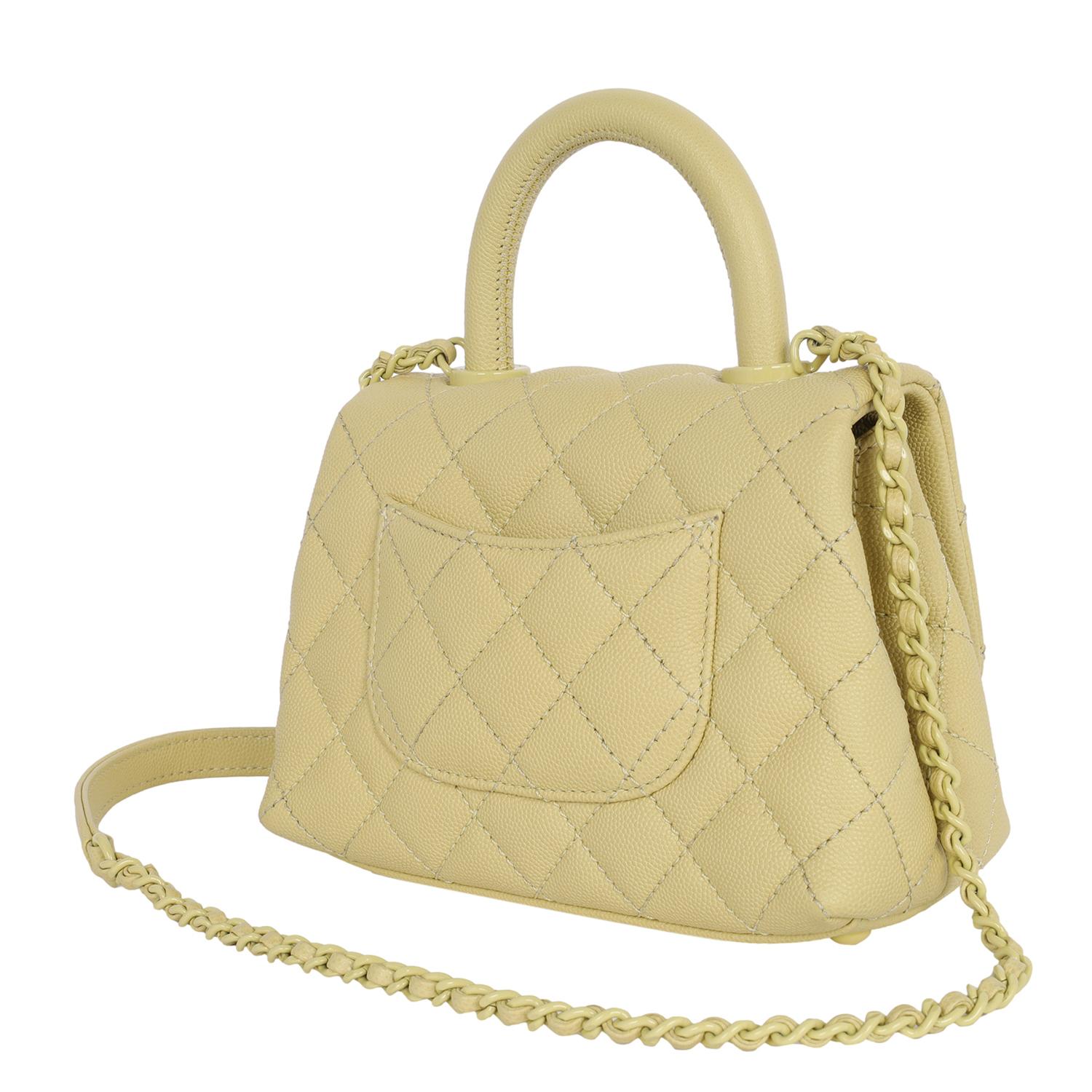Chanel Coco Top Handle Classic Flap Bag Quilted Caviar Mini Yellow For Sale 5