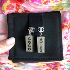 Chanel Coco Votez Grey Resin CC Logo Drop Earrings