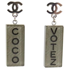 Chanel Coco Votez Grey Resin CC Logo Drop Earrings