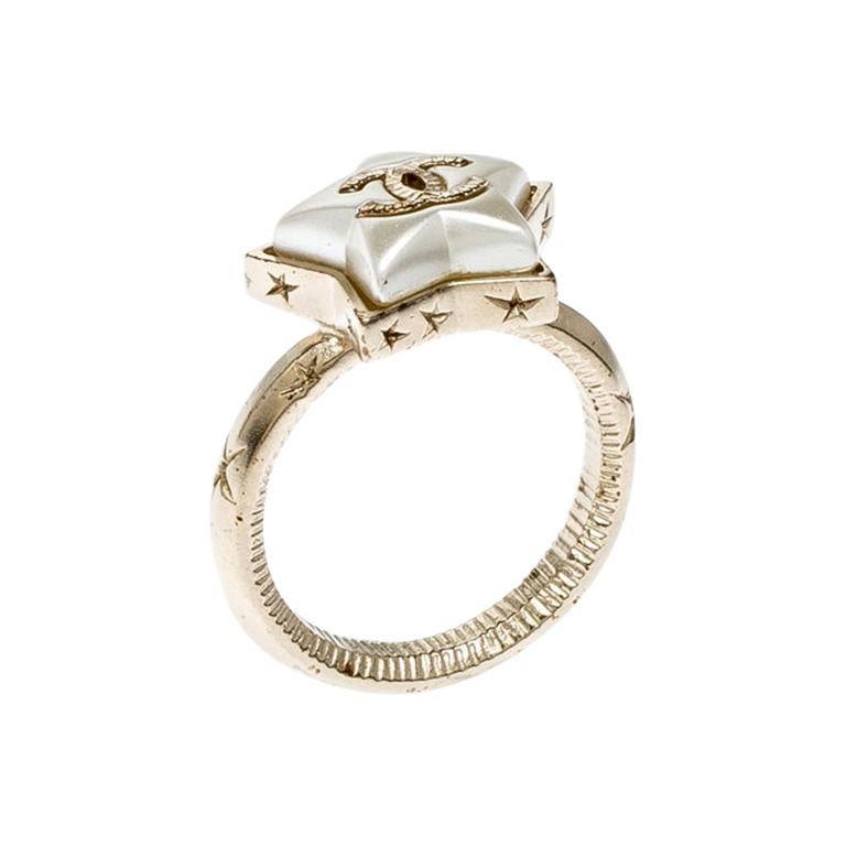Chanel Cocomark Star Gold Tone Ring Size 53