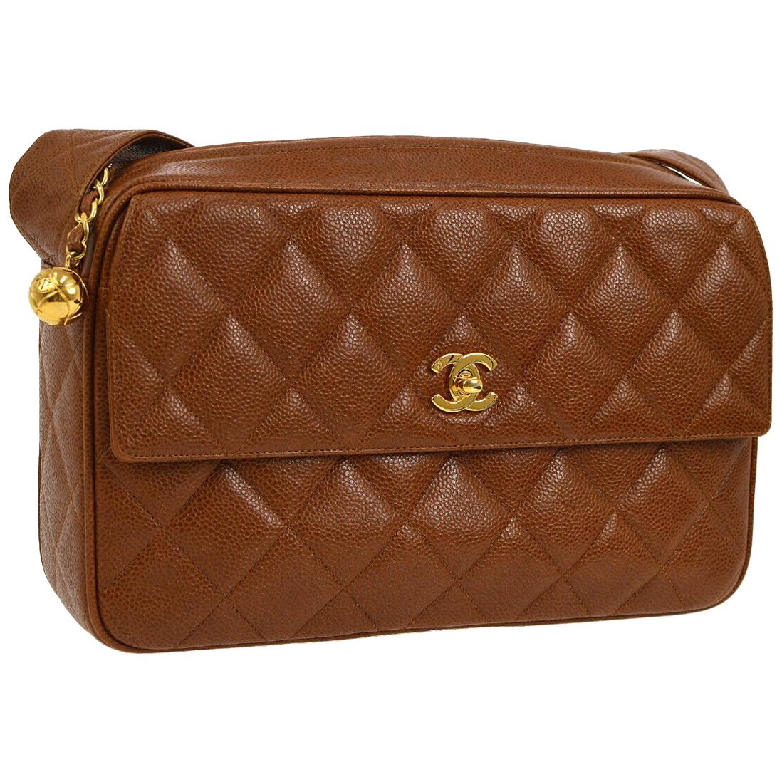 Chanel Cognac Caviar Leather Gold Evening Camera Shoulder Bag in Box