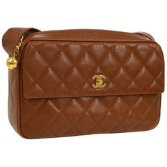 Vintage Chanel Cognac Caviar Leather Gold Evening Camera Shoulder Bag in Box