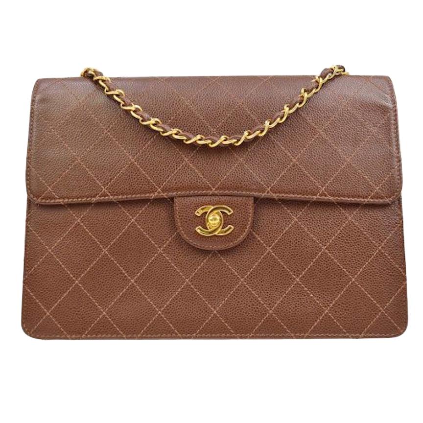 Chanel Cognac Chocolate Leather Gold Large Jumbo Evening Shoulder Flap Bag