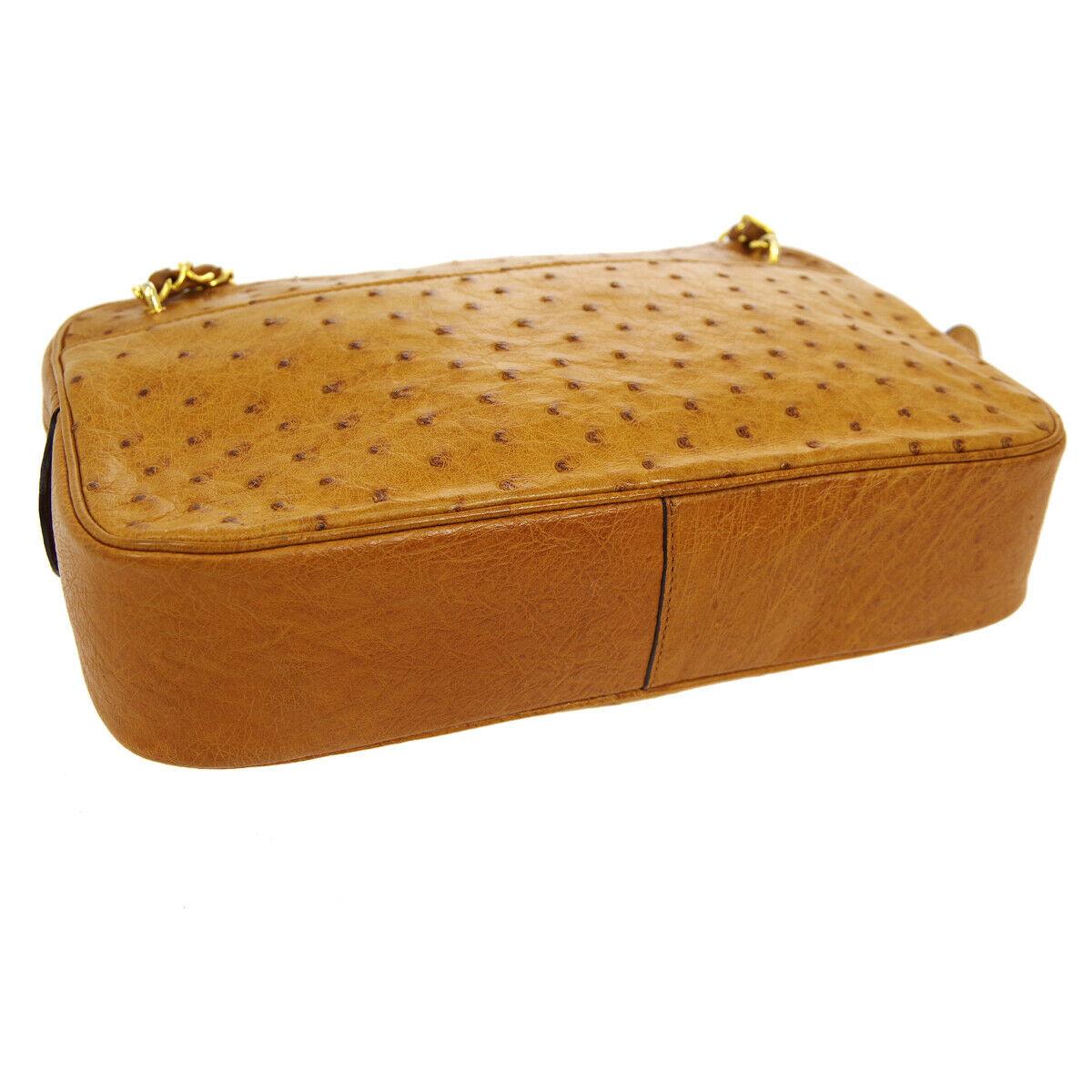 Brown Chanel Cognac Ostrich Exotic Leather Gold CC Camera Medium Evening Shoulder Bag