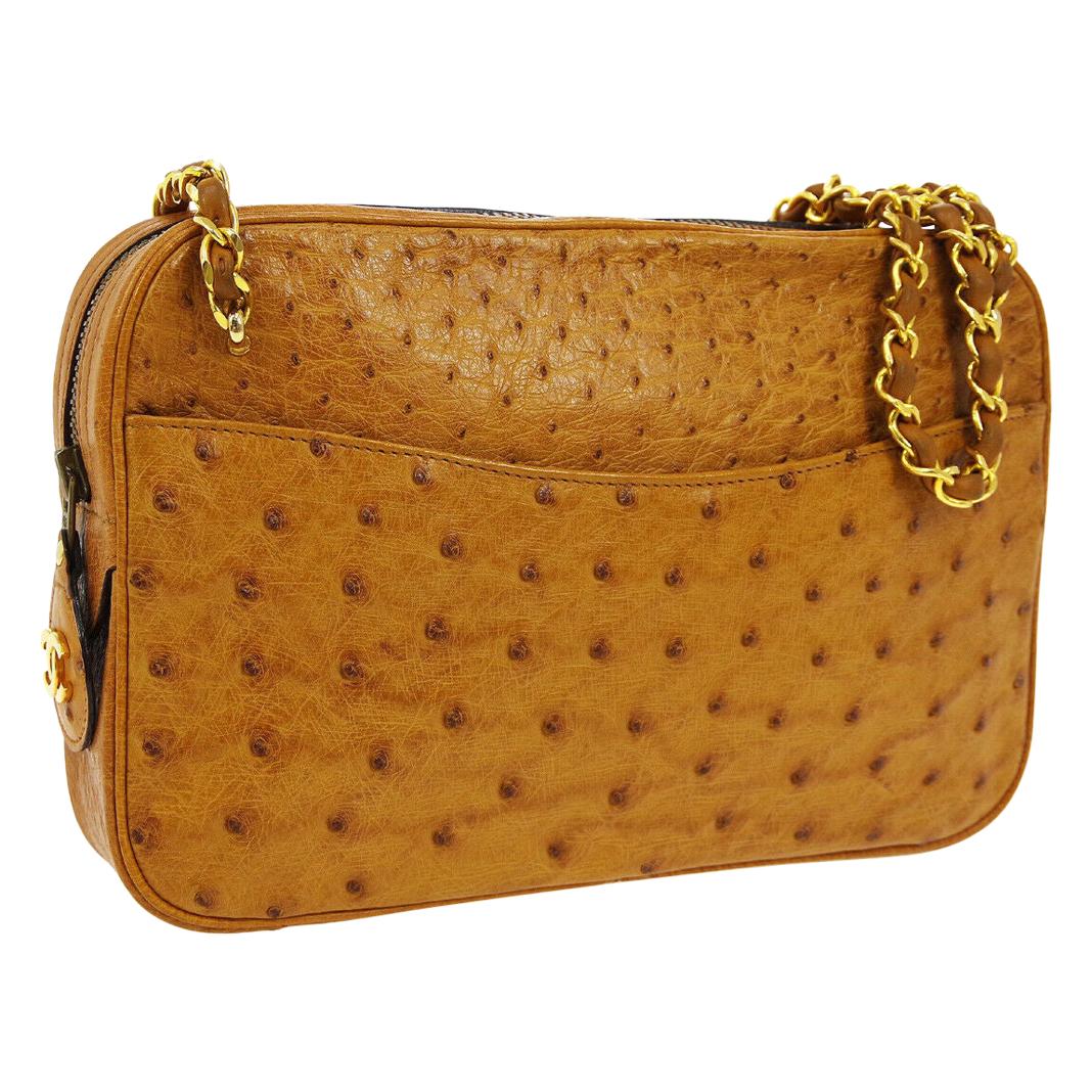 Chanel Cognac Ostrich Exotic Leather Gold CC Camera Medium Evening Shoulder Bag