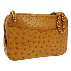 Chanel Cognac Ostrich Exotic Leather Gold CC Camera Medium Evening Shoulder Bag