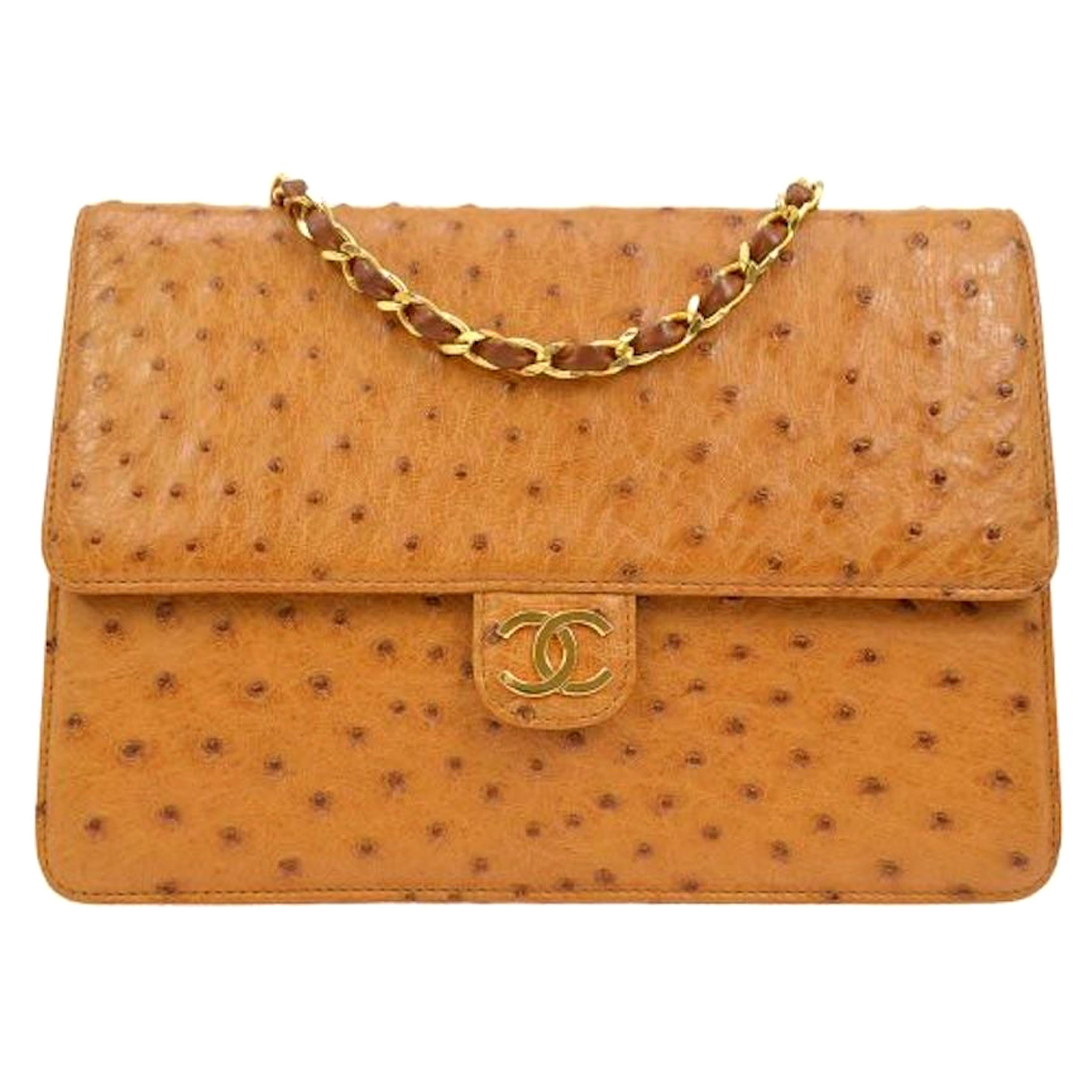 Chanel Cognac Ostrich Exotic Leather Gold Single Evening Shoulder Flap Bag  at 1stDibs