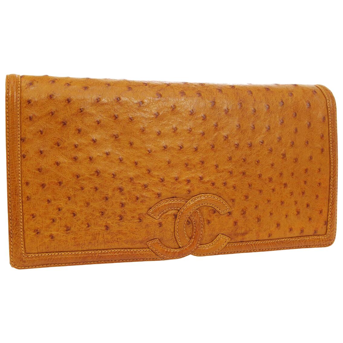 Chanel Cognac Ostrich Exotic Skin Leather Envelope Evening Wallet Clutch Bag