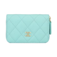 Used CHANEL Coin Purse Tiffany Blue Caviar with Light Gold Hardware 2018