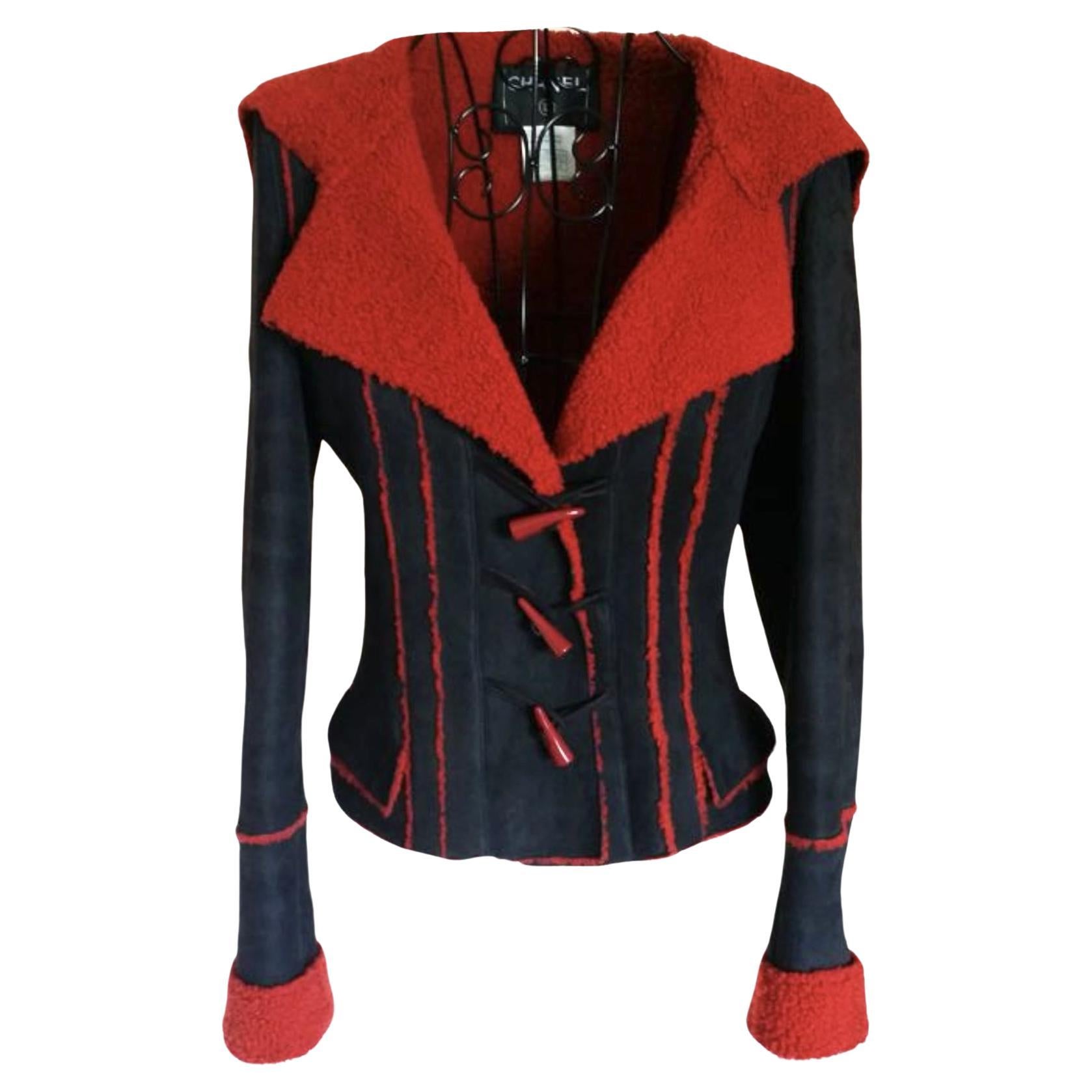 Chanel Collectible CC Closures Red and Black Shearling Jacket  For Sale