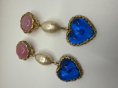 Chanel Collection 28 Gripoix Pink & Blue Heart Pearl Drop Earrings